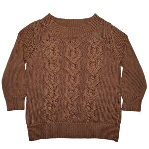 Talbots Cable Knit Sweater Chunky Brown 3/4 Sleeve Petite Large Preppy Gingham